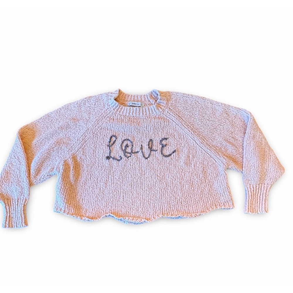 ZARA Knit Sweater - LOVE Embroidered, Soft Pink Color, Size M